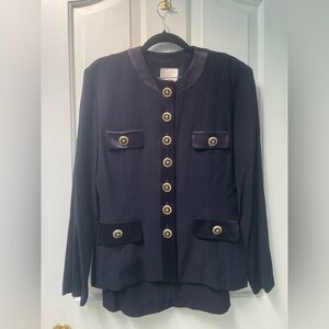 Joseph Ribkoff Navy Button-Front Blazer with Gold Accents Vintage Skirt Suit Set